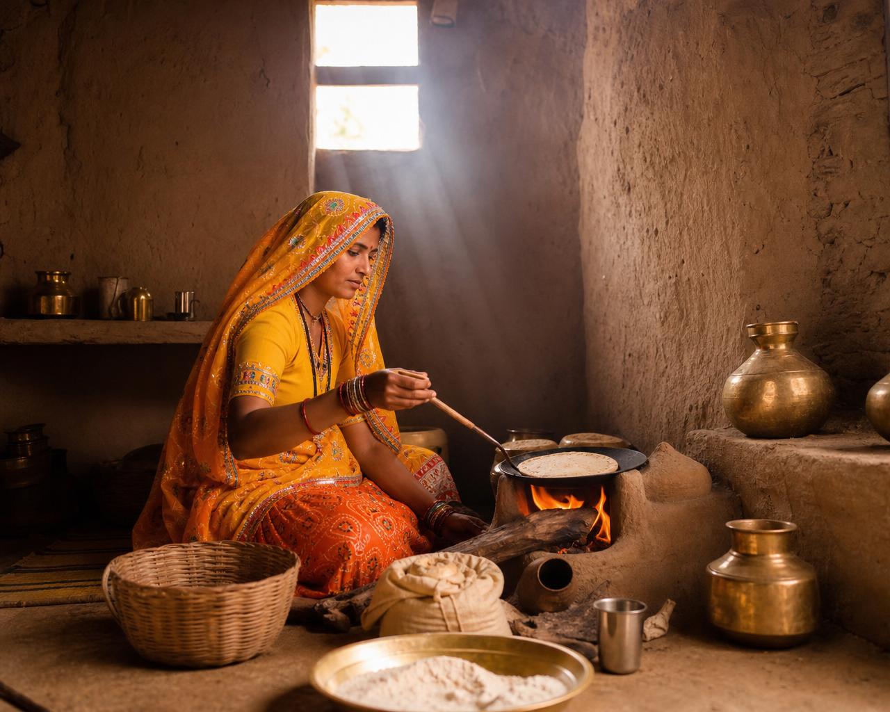 Traditional Rajasthani cooking in a mud kitchen